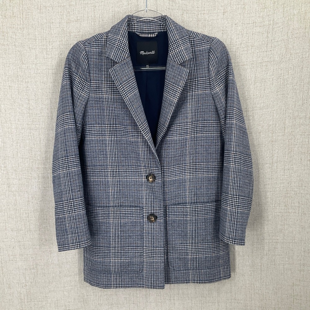 Madewell Blazer Womens XXS Blue Wool Blend Glen Plaid Oversized Longline Classic
